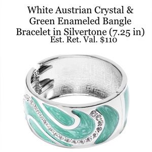 White Austrian Crystal & Green Enameled Bangle Bracelet in Silvertone (7…